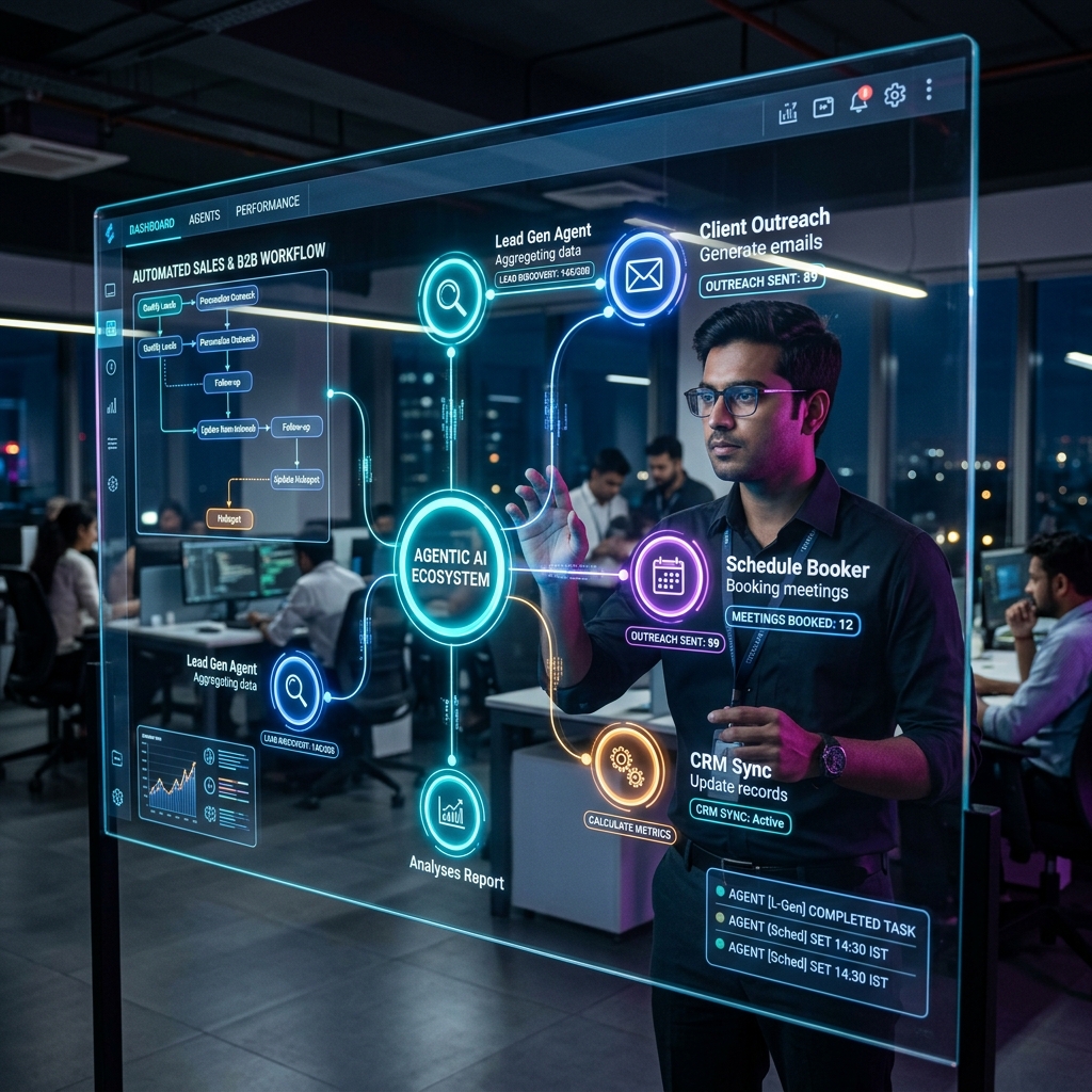 Agentic AI automation system visualization — Indian tech professional monitoring AI workflows