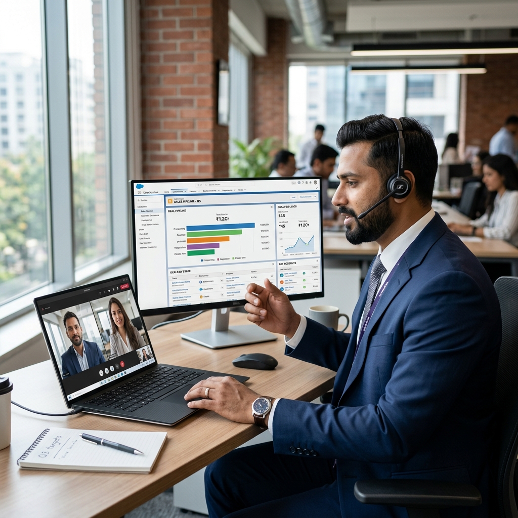 B2B sales professional in India on video call with CRM pipeline dashboard visible