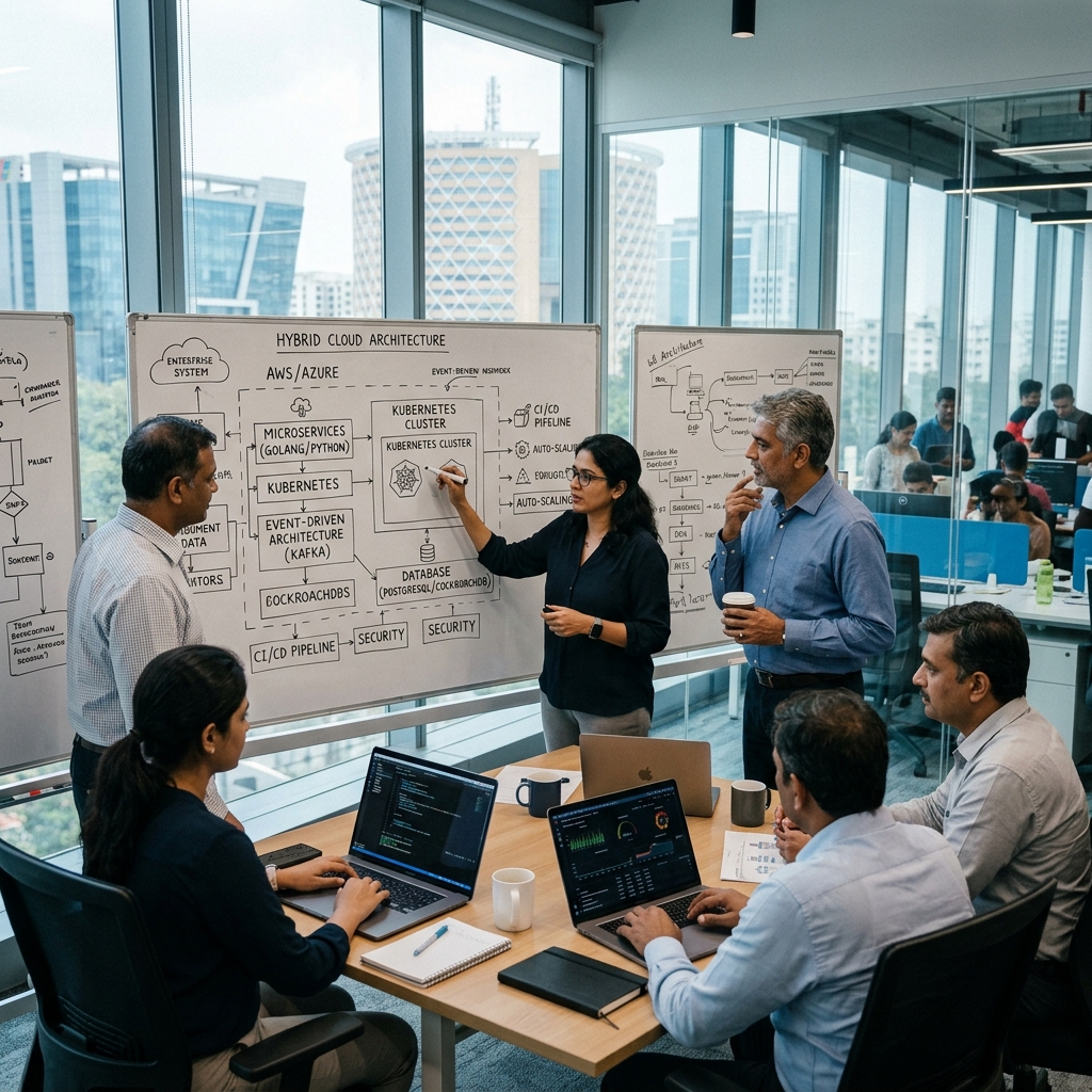 Senior software engineers in premium HITEC City Hyderabad office working on enterprise systems