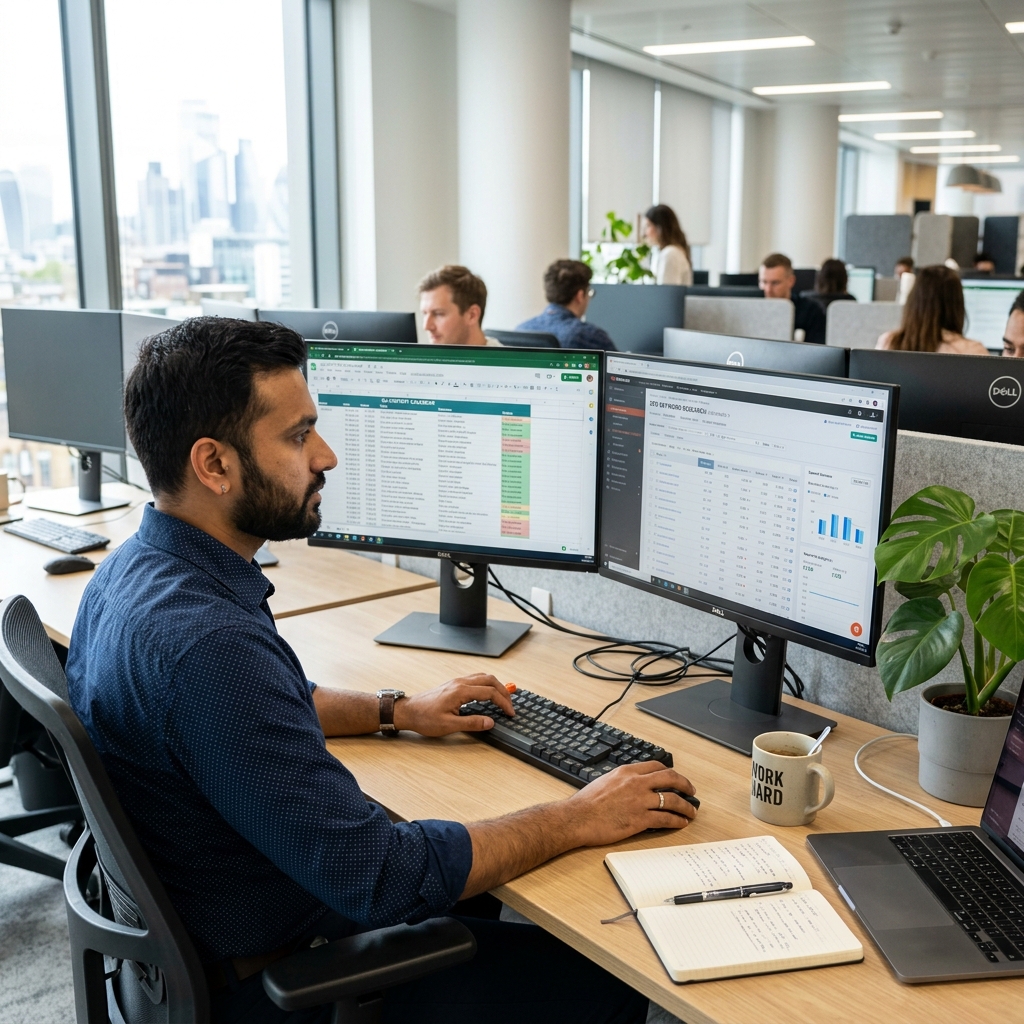 Content strategist planning SEO blog content and keyword strategy in modern office