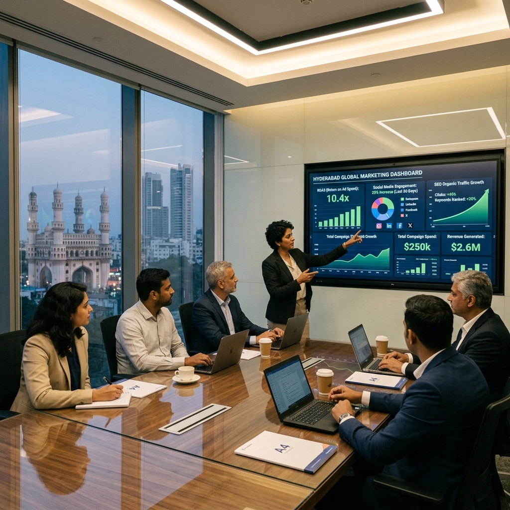 Digital marketing team in Hyderabad reviewing performance ad campaign analytics