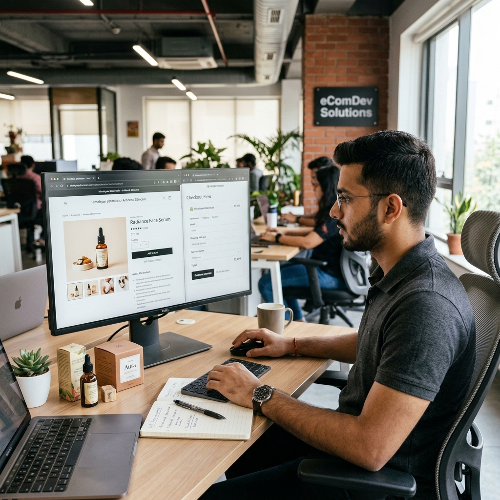 E-commerce developer reviewing premium Shopify store product pages in Hyderabad office