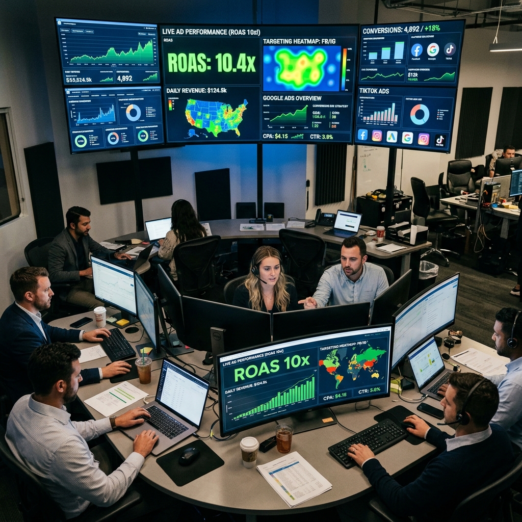 Performance marketing analyst reviewing 8x ROAS Facebook Ads dashboard in Hyderabad agency