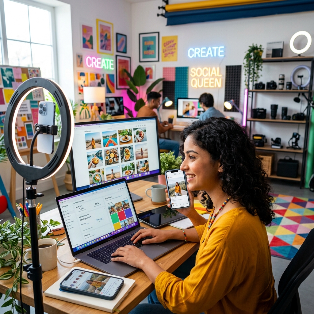 Indian social media manager creating Instagram reels content in creative studio