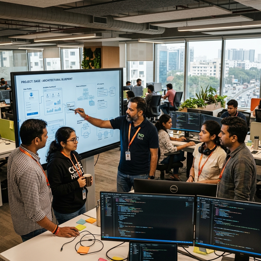 Full stack web developer at Cletto Hyderabad coding React application on multiple monitors